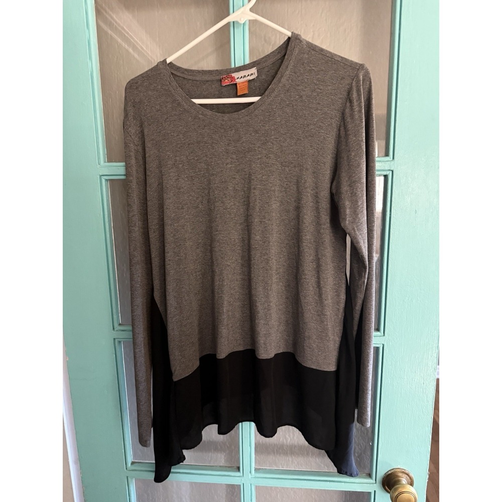 Harari Gray Black Sheer Silk Accent Jersey Asymmetric Shark Bite Hem Shirt Top L